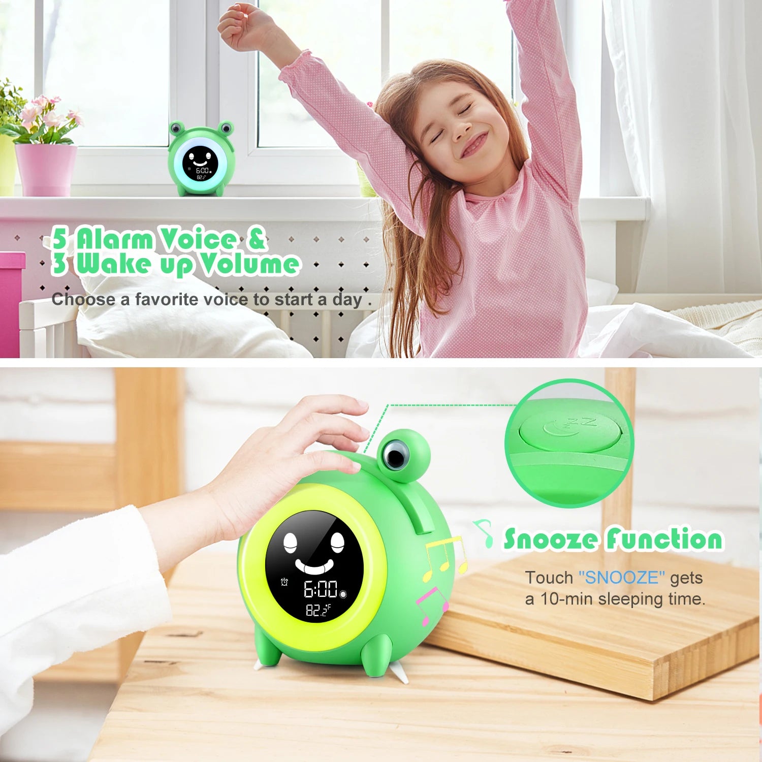 Cute Animal Child Alarm Clock Sleep Trainer Digital Wake Up Colorful Night Light Snooze Temperature NAP Timer Kid Alarm Clock