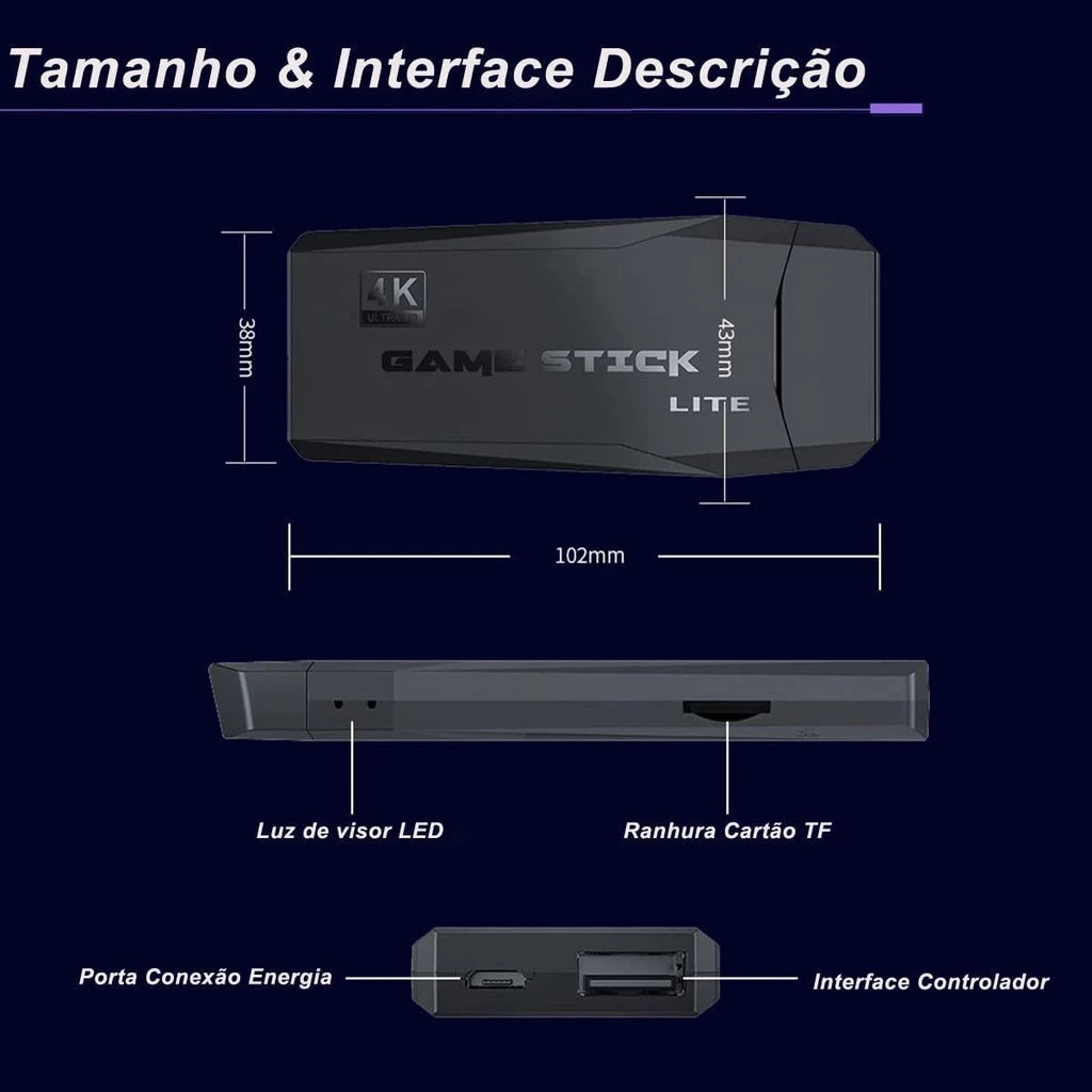 Video Game Stick 4K 64Gb 10Mil Jogos Retro 2 Controles Sem Fio